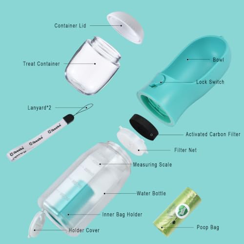 Dog Water Bottle with Food Container & Poop Bag Holder & Filter