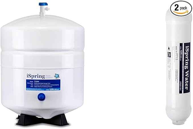 iSpring T32M Pressurized Water Storage Tank with Ball Valve for Reverse Osmosis RO Systems, 4 Gallon & FT15 5th Stage Inline Post Carbon Filter Replacement Cartridge, 1 Count (Pack of 1), White