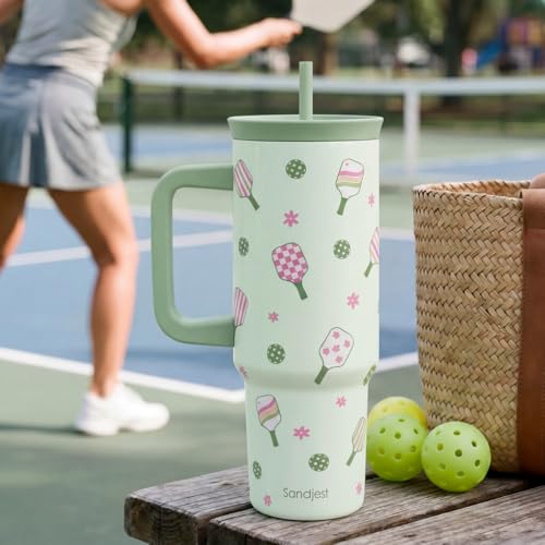 Pickleball Stainless Steel Locking Lid Silicone Straw Tumbler with Handle 40oz