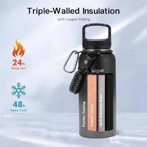 Insulated Water Bottle 32 oz with 3 Lids