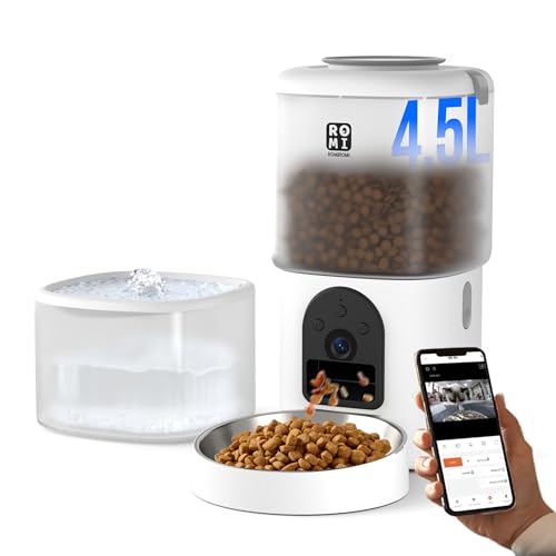 7L 2-in-1 Automatic Cat Feeder with Camera and Water Fountain Dispenser 1080P HD Video 2.4G&5G WiFi Timed Auto Feeder with APP Control,Multiple Cats, Detachable for Easy Clean-White