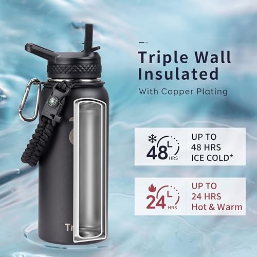 Insulated Water Bottle 32 oz with 3 Lids