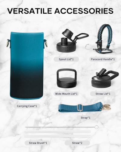 Insulated Water Bottle 32 oz with 3 Lids