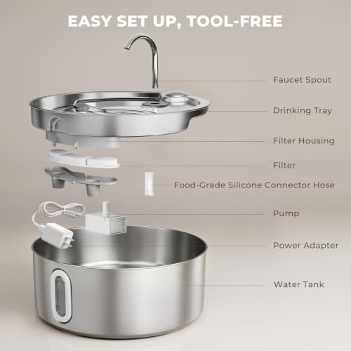 3.2L 108oz Stainless Steel Cat Water Fountain for Small Dogs