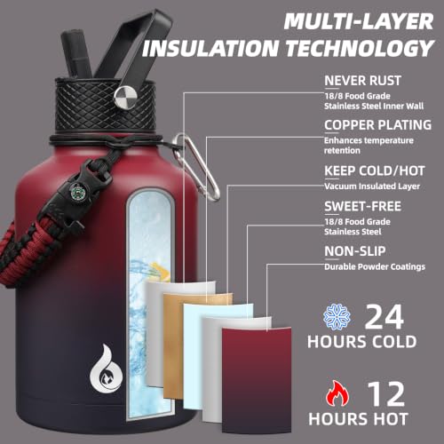 50oz Insulated Water Bottle with Straw Lid Stainless Steel Water Jug