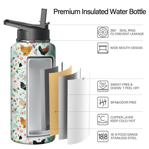 32oz Chicken Water Bottle with Handle and Flip Straw