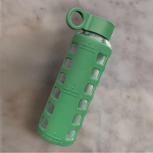 40oz / 32oz / 22oz / 12oz Borosilicate Glass Water Bottle with Time & Volume Markers, Silicone Sleeve, Stainless Steel Lid | Reusable Glass Bottle for Water & Juice (12oz Shale Green)