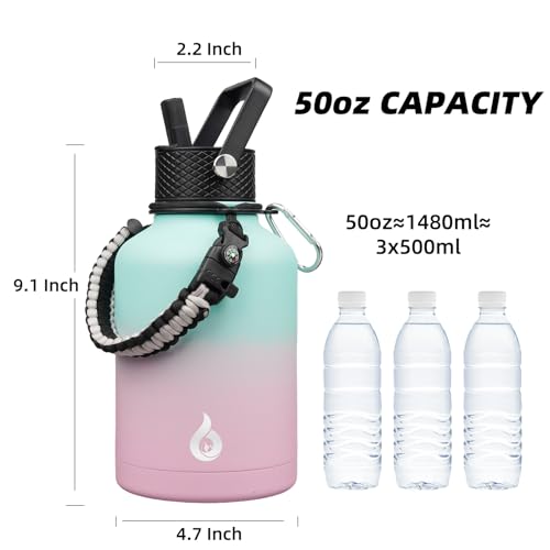 50oz Insulated Water Bottle with Straw Lid Stainless Steel Water Jug