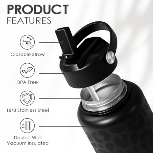 Leopard Water Bottle 32oz Stainless Steel Double Wall Vacuum Insulated with Lid