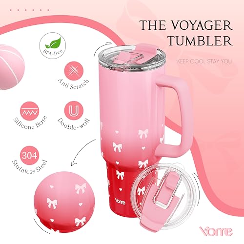 40 oz Bow Red Tumbler with Handle and Flip Straw for Women