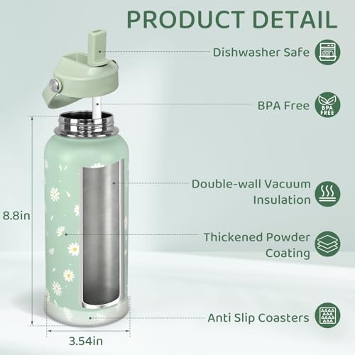 32oz Green Daisy Insulated Water Bottle for Women with Straw