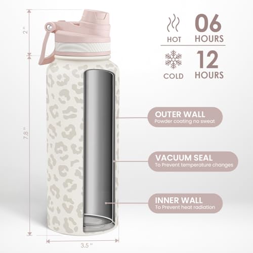 Beige Leopard Skin Stainless Steel Water Bottle with Strap 32oz