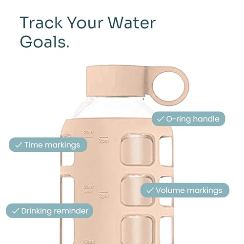 40oz / 32oz / 22oz / 12oz Borosilicate Glass Water Bottle with Time & Volume Markers, Silicone Sleeve, Stainless Steel Lid | Reusable Glass Bottle for Water & Juice (32oz Hazelnut)