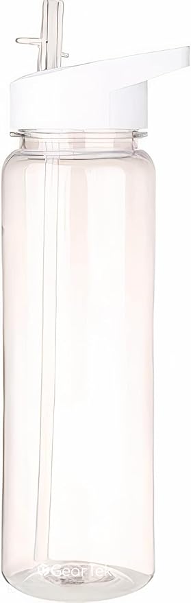 Tritan Clear Water Bottle With Straw | No Markings BPA Free 24 oz Sports Water Bottle | Leak Proof Re-Usable Flip Top Plastic Drinks Bottles for School, Office, Gym, Cycling (Clear-Straw-24oz)
