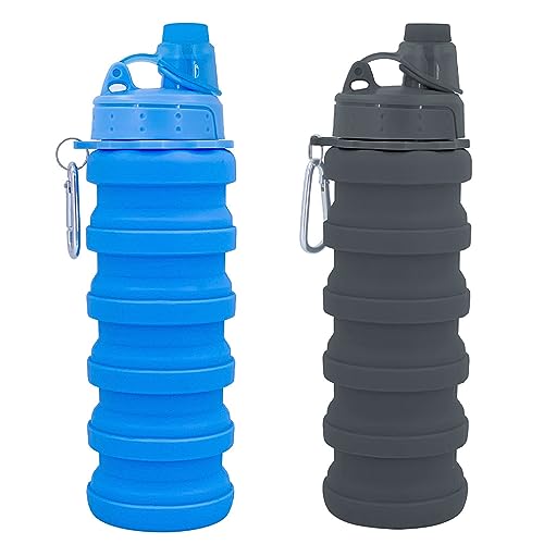 Collapsible Water Bottles Two Pack Travel Sports Portable Sport Water Bottle comes with mountaineering Buckle 500ml silicone Water (2 Count)