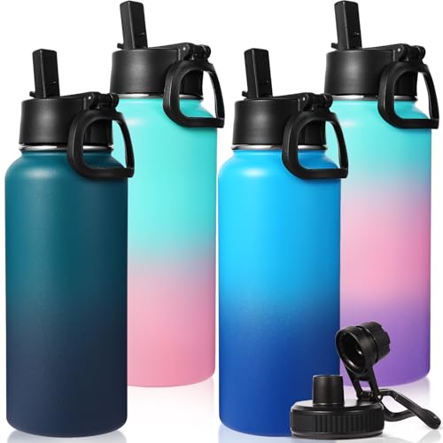 32 oz Insulated Water Bottles Bulk with 2 Lids (4 Count)