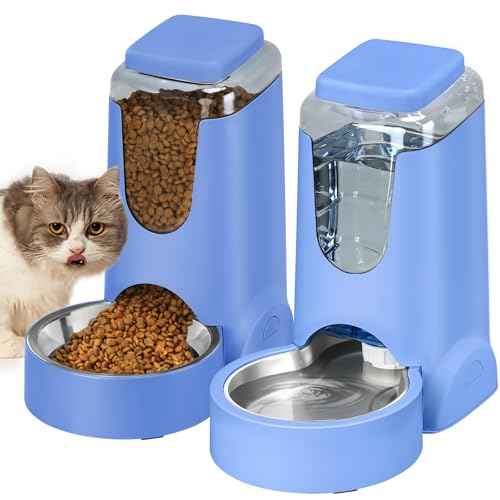 Portable Automatic Cat Feeder and Water Dispenser with Stainless Steel Bowl Dog Gravity Food Feeder and Waterer for Small Medium Pets Puppy Kitten 1 Gallon x 2