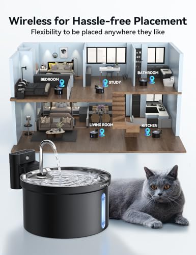Wireless Cat Water Fountain [Water & Battery Separation] FEELNEEDY 4000mAh Battery Operated Cat Fountain