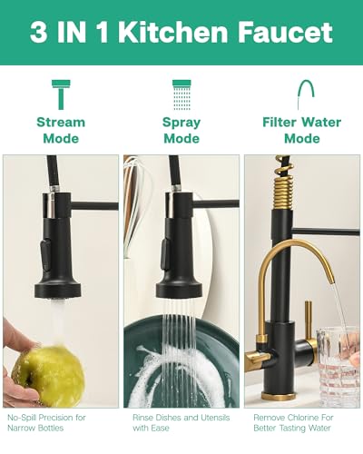 3 in 1 Kitchen Faucet with Pull Down Sprayer Black and Gold