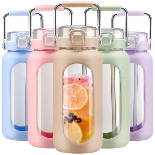 64oz Water Bottle Glass with Stainless Steel Handle Large Water Bottle with Time Markers and Silicone Sleeve Half Gallon Water Jug BPA Free for Gym Daily Use