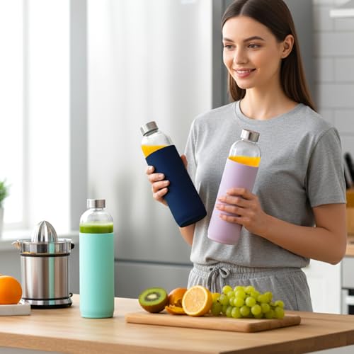 32 oz Glass Water Bottles with Lids and Silicone Sleeve 3 Pack