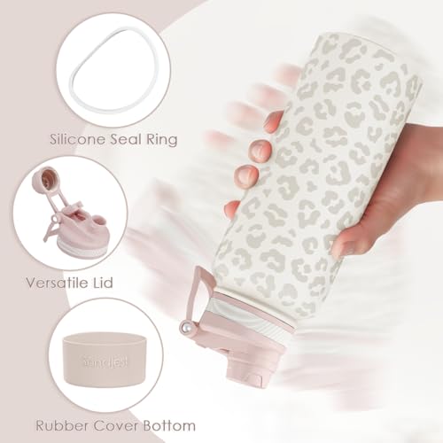 Beige Leopard Skin Stainless Steel Water Bottle with Strap 32oz