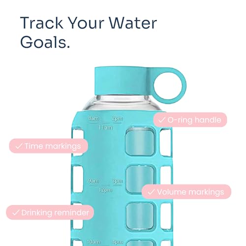 40oz / 32oz / 22oz / 12oz Borosilicate Glass Water Bottle with Time & Volume Markers, Silicone Sleeve, Stainless Steel Lid | Reusable Glass Bottle for Water & Juice (22oz Aqua Blue)