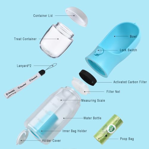 Dog Water Bottle with Food Container & Poop Bag Holder & Filter