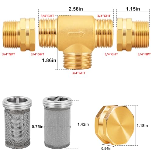 T Line Strainer Garden Hose Filter with 100 Mesh and 40 Mesh Screen and 2 PCS GHT to NPT Adapter Pressure Washer or Heater Inlet for RV Camping Car Wash On Pipe Strainer