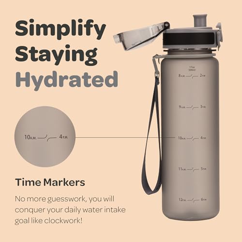 Motivational Water Bottle with Time Marker & Fruit Infuser 17 oz
