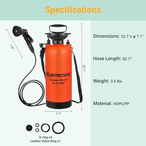 2.1Gallon (8L) Portable Shower for Beach & Camping, 10 Spray Modes
