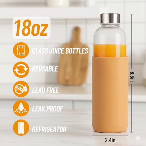 18 oz Glass Water Bottles with Lids and Silicone Sleeve 10 Pack