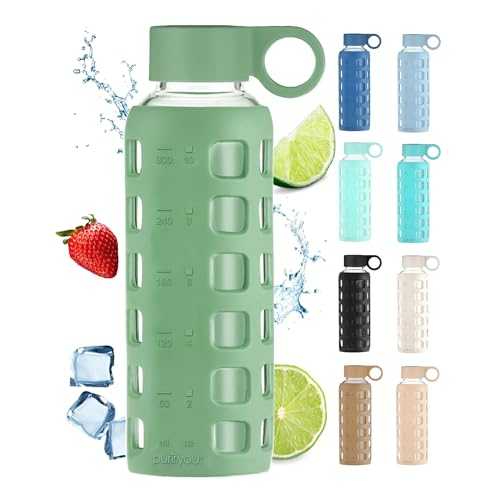 40oz / 32oz / 22oz / 12oz Borosilicate Glass Water Bottle with Time & Volume Markers, Silicone Sleeve, Stainless Steel Lid | Reusable Glass Bottle for Water & Juice (12oz Shale Green)