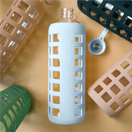 40oz / 32oz / 22oz / 12oz Borosilicate Glass Water Bottle with Time & Volume Markers, Silicone Sleeve, Stainless Steel Lid | Reusable Glass Bottle for Water & Juice (40oz Ice Blue)