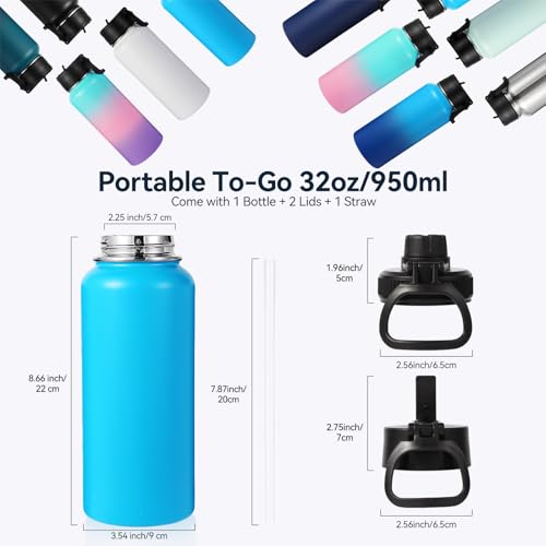 32 oz Insulated Water Bottles Bulk with 2 Lids (8 Count)