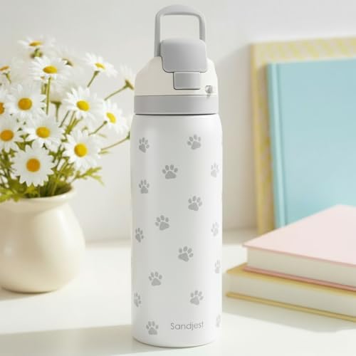 Paw Print Insulated Stainless Steel Water Bottle with Straw for Sports and Travel