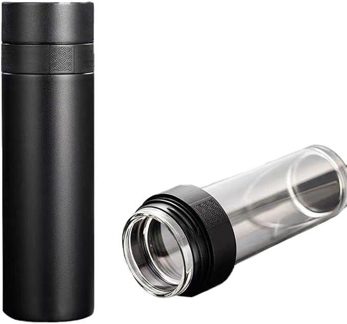 15oz Stainless Steel Vacuum Insulated Water Bottle with glass liner inside,glass lined thermos with Infuser for Hot and Cold drink -Leakproof Travel Mug with Filter (Black,with Tea infuser)