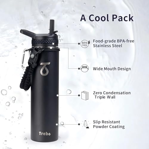 Insulated Water Bottle 24 oz with 3 Lids