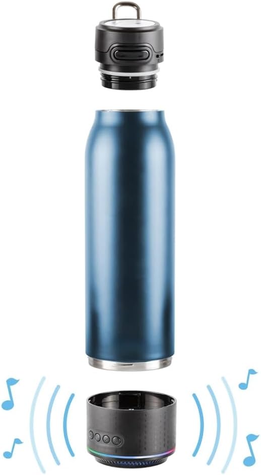 Vacuum Insulated Premium Water Bottle with Rechargeable Bluetooth Speaker and Xtreme Mini Bluetooth Remote. Remote Doubles as Gaming Joystick/Mouse for Smartphone Apps. (Navy)