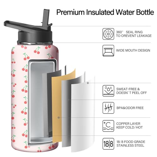 32oz Cherry Water Bottle with Handle and Flip Straw