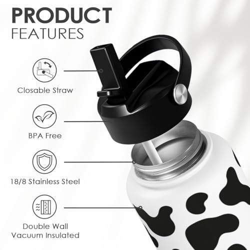 Cow Print Water Bottle 32oz Stainless Steel Vacuum Insulated with Lid
