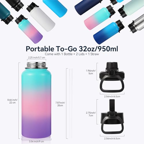 32 oz Insulated Water Bottles Bulk with 2 Lids (4 Count)