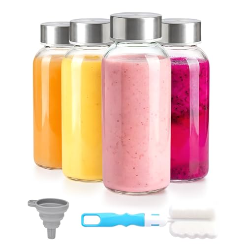 8 oz Small Glass Juice Bottles with Stainless Steel Lids Leak Proof (4 Count)