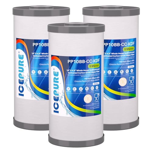 5 Micron 10" x 4.5" Whole House Sediment Activated Carbon and KDF Water Filter Compatible with GE FXHTC (3 Count)