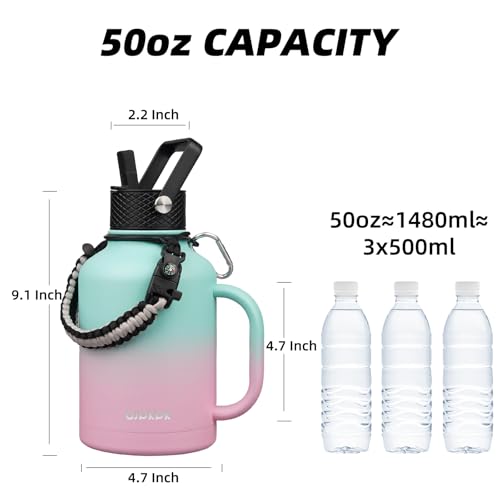 50oz Insulated Water Bottle with Straw Lid Stainless Steel Water Jug