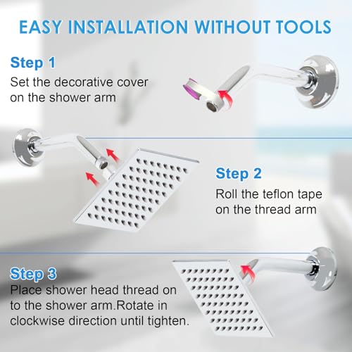 6 Inch Square Shower Head Stainless Steel High Pressure Rain Shower Heads with Extension Arm Adjustable Angle Replacement Luxury Shower Head for Modern Bathroom