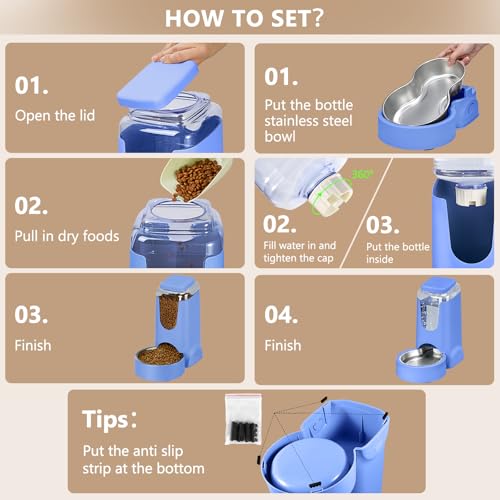 Portable Automatic Cat Feeder and Water Dispenser with Stainless Steel Bowl Dog Gravity Food Feeder and Waterer for Small Medium Pets Puppy Kitten 1 Gallon x 2