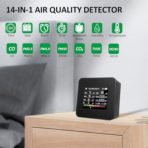 14 in 1 Indoor Air Quality Monitor Air Quality Detector CO₂ CO TVOC HCHO Temperature Humidity PM2.5 PM1.0 PM10 Desktop Air Quality Tester with Time