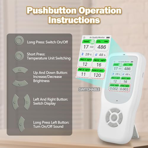 11-in-1 Air Quality Monitor - Portable Indoor Air Quality Detector with Stand, Real-Time Test for AQI, CO2, PM2.5, PM1.0, PM10, TVOC, HCHO, Particles, Humidity & Temperature