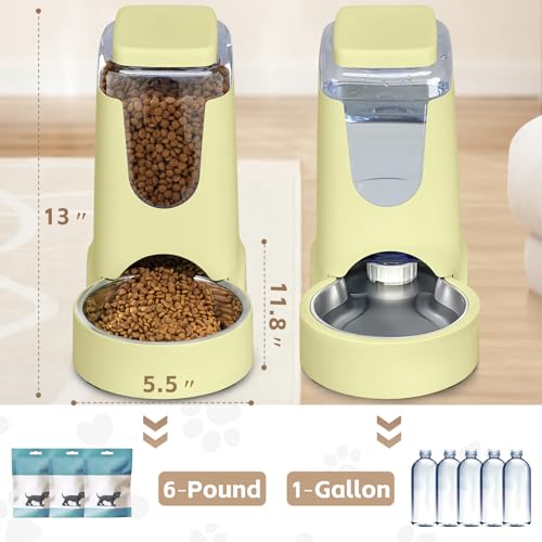 Portable Automatic Cat Feeder and Water Dispenser with Stainless Steel Bowl Dog Gravity Food Feeder and Waterer for Small Medium Pets Puppy Kitten 1 Gallon x 2